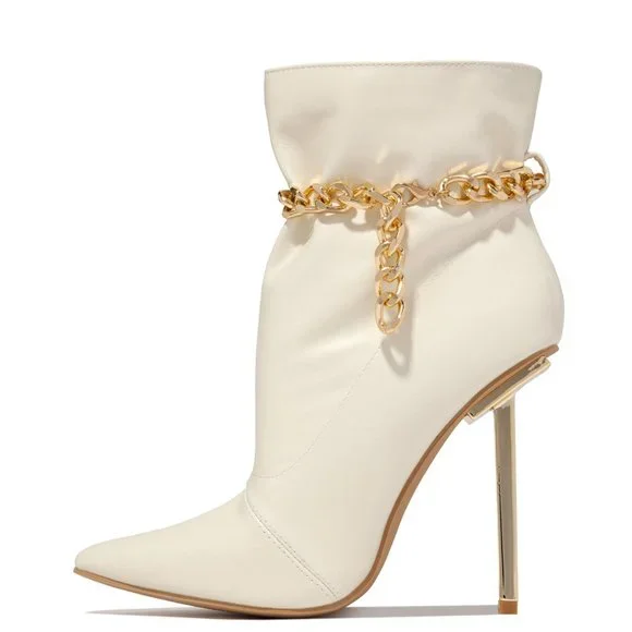 NEW🔥 Cream White Metallic Stiletto Heel Booties Ankle Boot Gold Chain Anklet - Picture 4 of 7